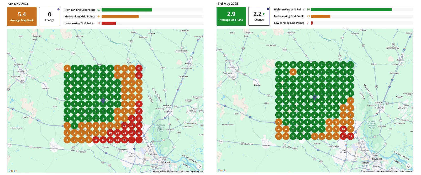 Local Falcon rank grid showing map positions across service area